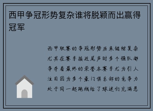 西甲争冠形势复杂谁将脱颖而出赢得冠军