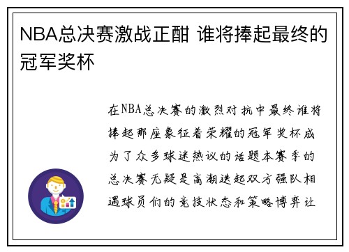 NBA总决赛激战正酣 谁将捧起最终的冠军奖杯