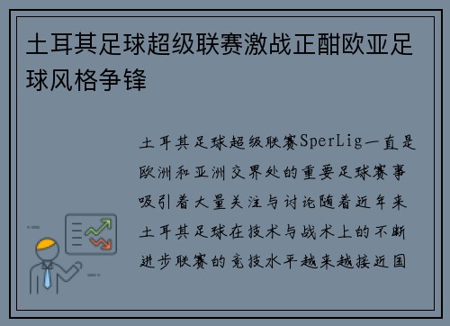 土耳其足球超级联赛激战正酣欧亚足球风格争锋