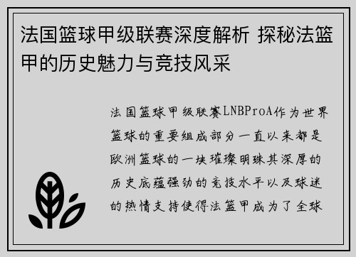 法国篮球甲级联赛深度解析 探秘法篮甲的历史魅力与竞技风采