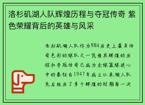 洛杉矶湖人队辉煌历程与夺冠传奇 紫色荣耀背后的英雄与风采
