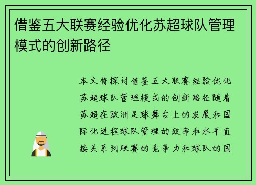借鉴五大联赛经验优化苏超球队管理模式的创新路径