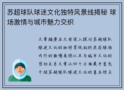 苏超球队球迷文化独特风景线揭秘 球场激情与城市魅力交织